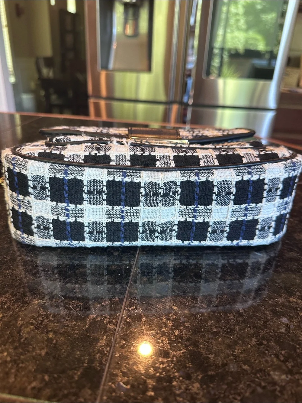kate spade Black and White Check Tweed Tweed Shoulder Bag with Gold Hardware